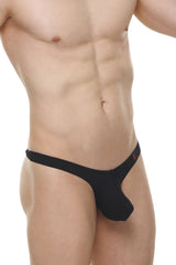 Black form-fitting thong dome skine with a small red logo on the waistband shown from the back side