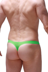 Bright neon green thong dome plum neon green made of sheer stretchy fabric with a snug minimalistic design