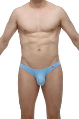 Light blue form-fitting thong dome bamboo briefs with subtle red logo on the waistband