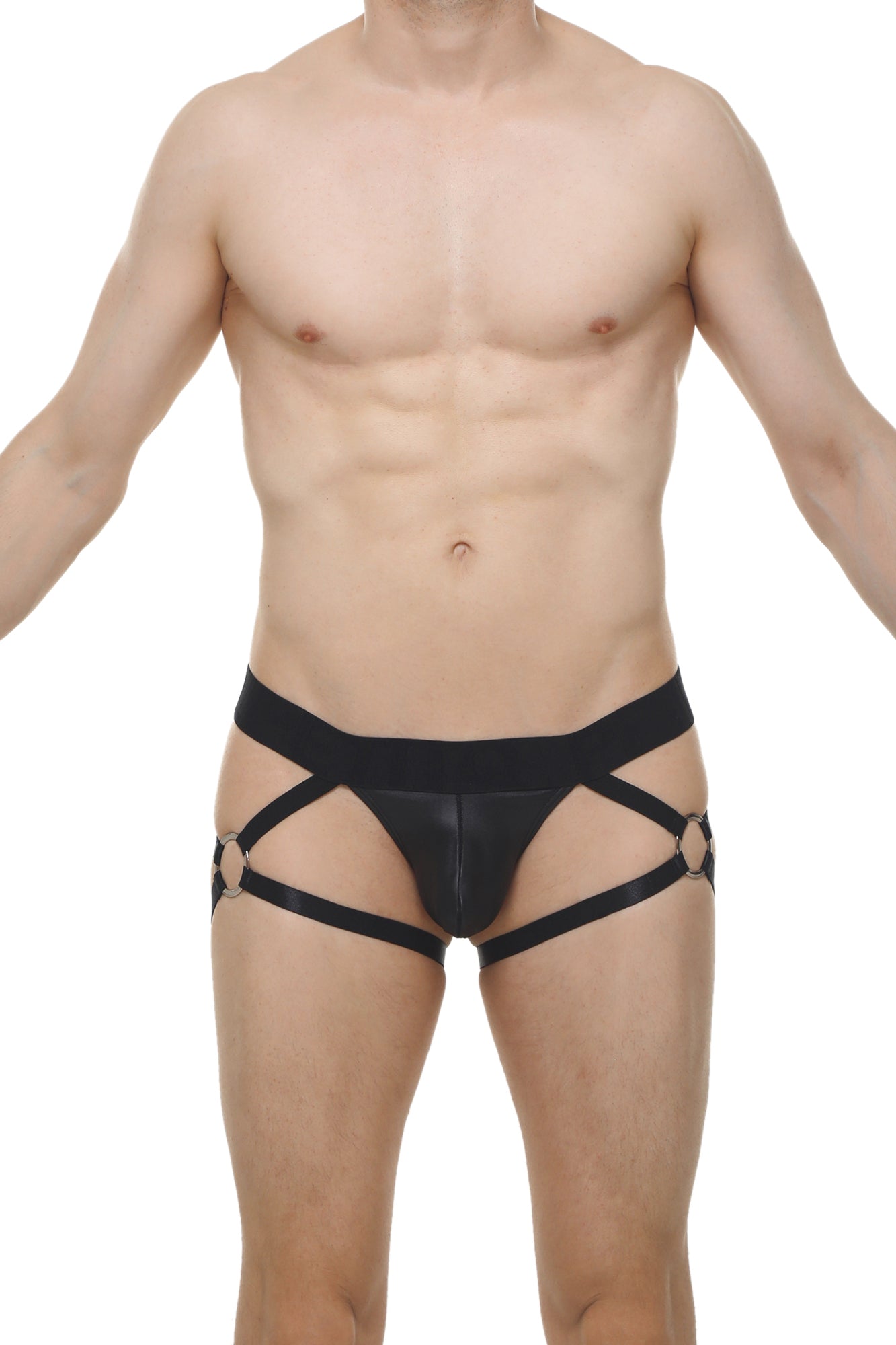 Black leather-like strappy harness briefs thong fleac black with metallic rings at the leg openings