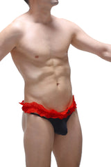 Black thong fremir with vibrant red lace trim showcasing delicate lace detail on front side