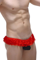 Red lace thong frou-frou black with scalloped edge and black inner lining shown from the back side