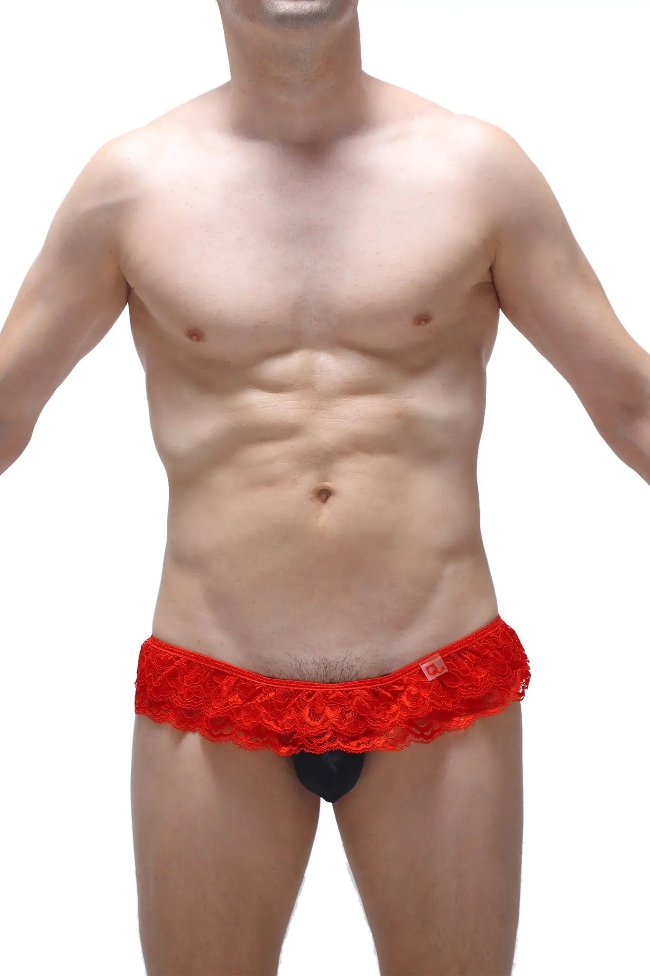 Red lace-trimmed men’s briefs thong frou-frou black with black inner lining front view