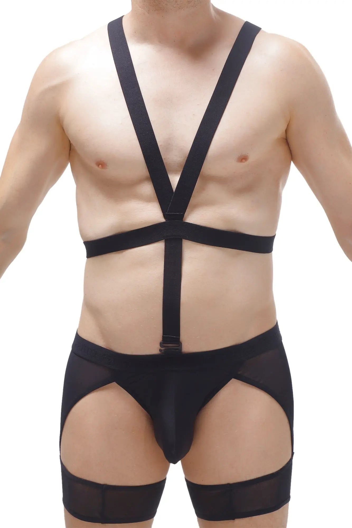 Black thong harness mece bodysuit with mesh panels and adjustable straps showing back side details