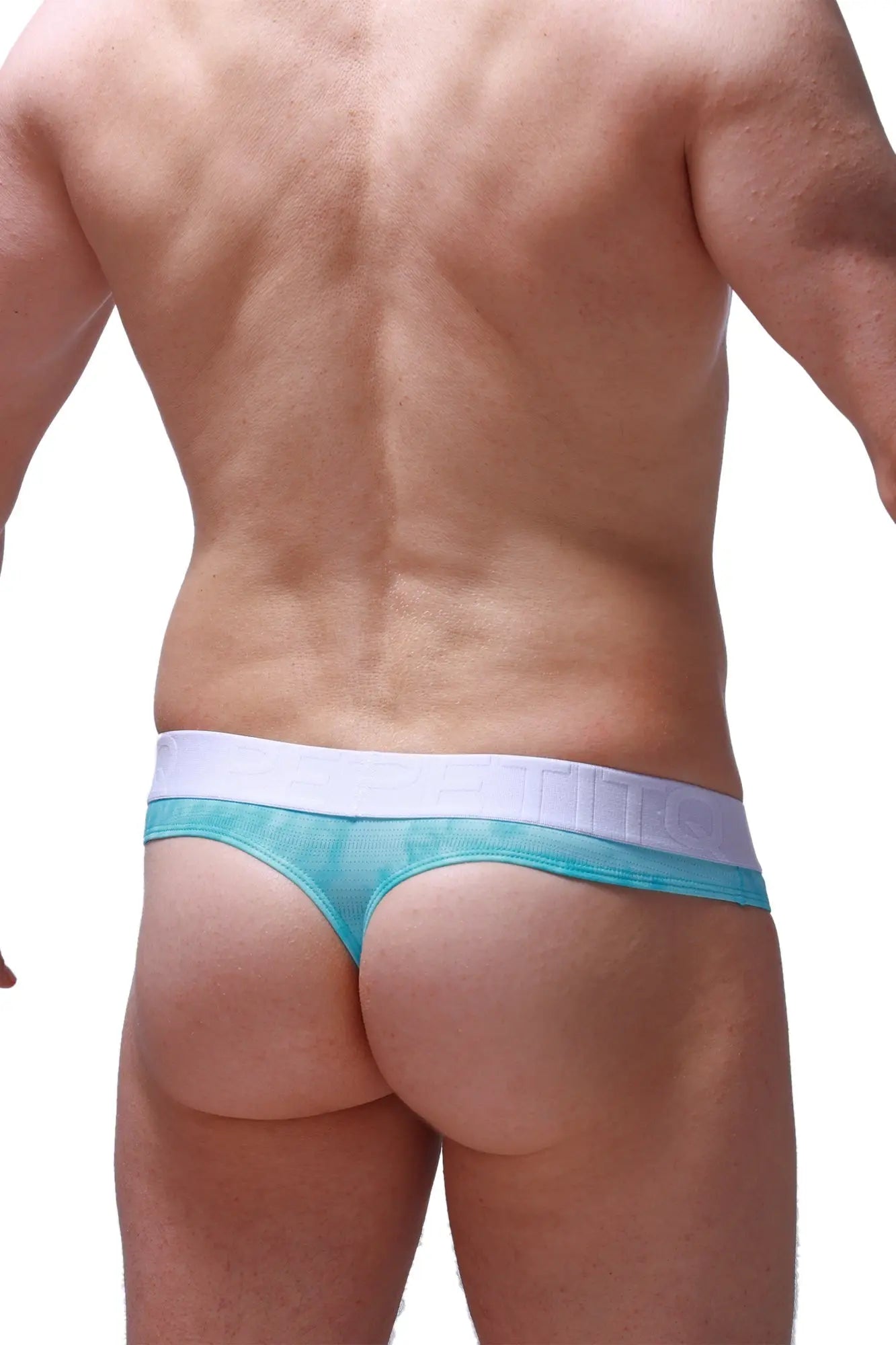 Teal and white mesh thong with wide waistband shown from the back for thong hole cockring marbre green product
