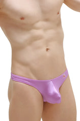 Purple metallic thong briefs with a sleek form-fitting design and small red logo on the waistband by Joe Colline