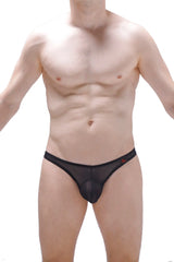 Black sheer mesh briefs thong lasso cockring detachable net with subtle red logo on waistband front view
