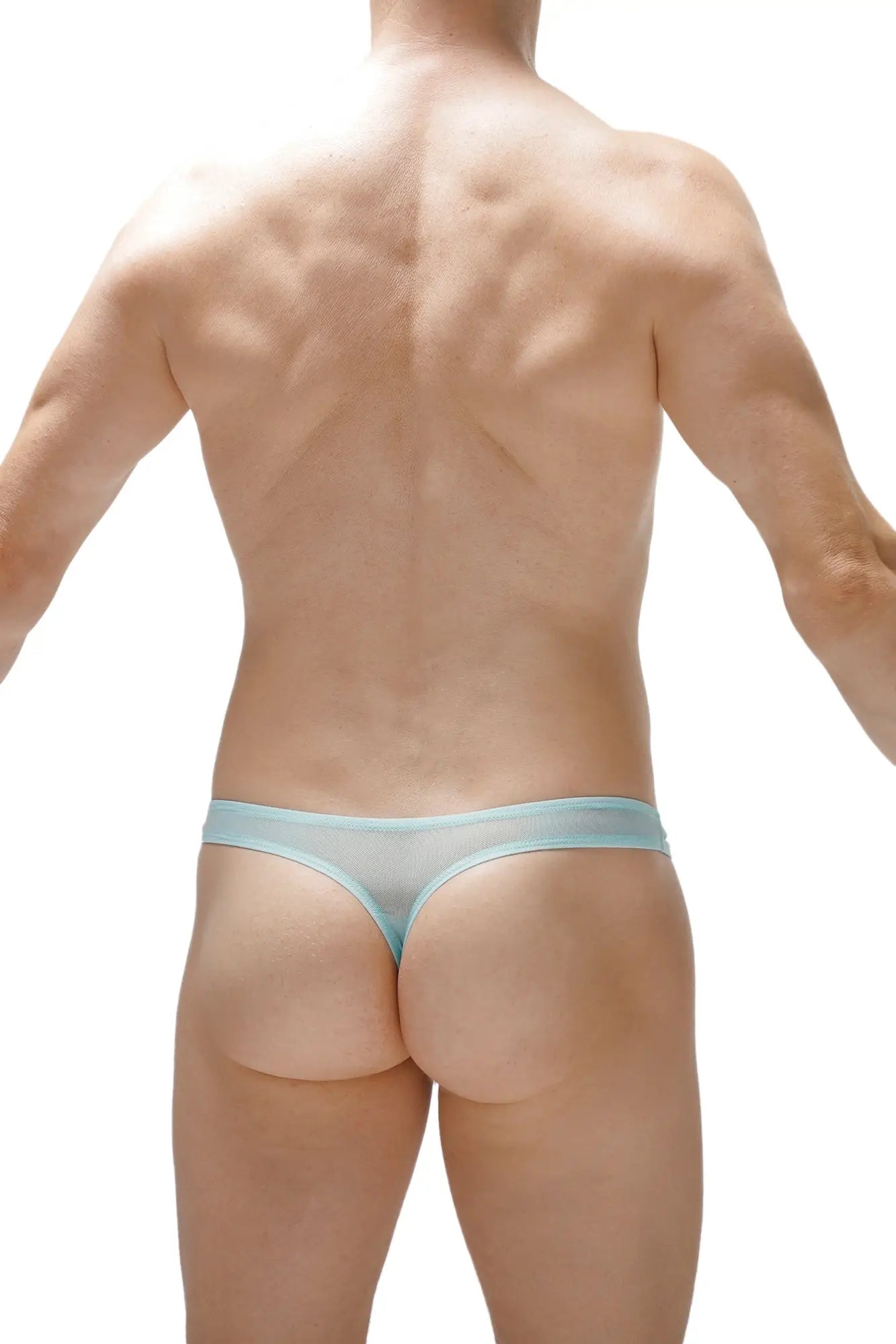 Light blue sheer mesh thong with lasso cockring in teal showing front side details and material texture