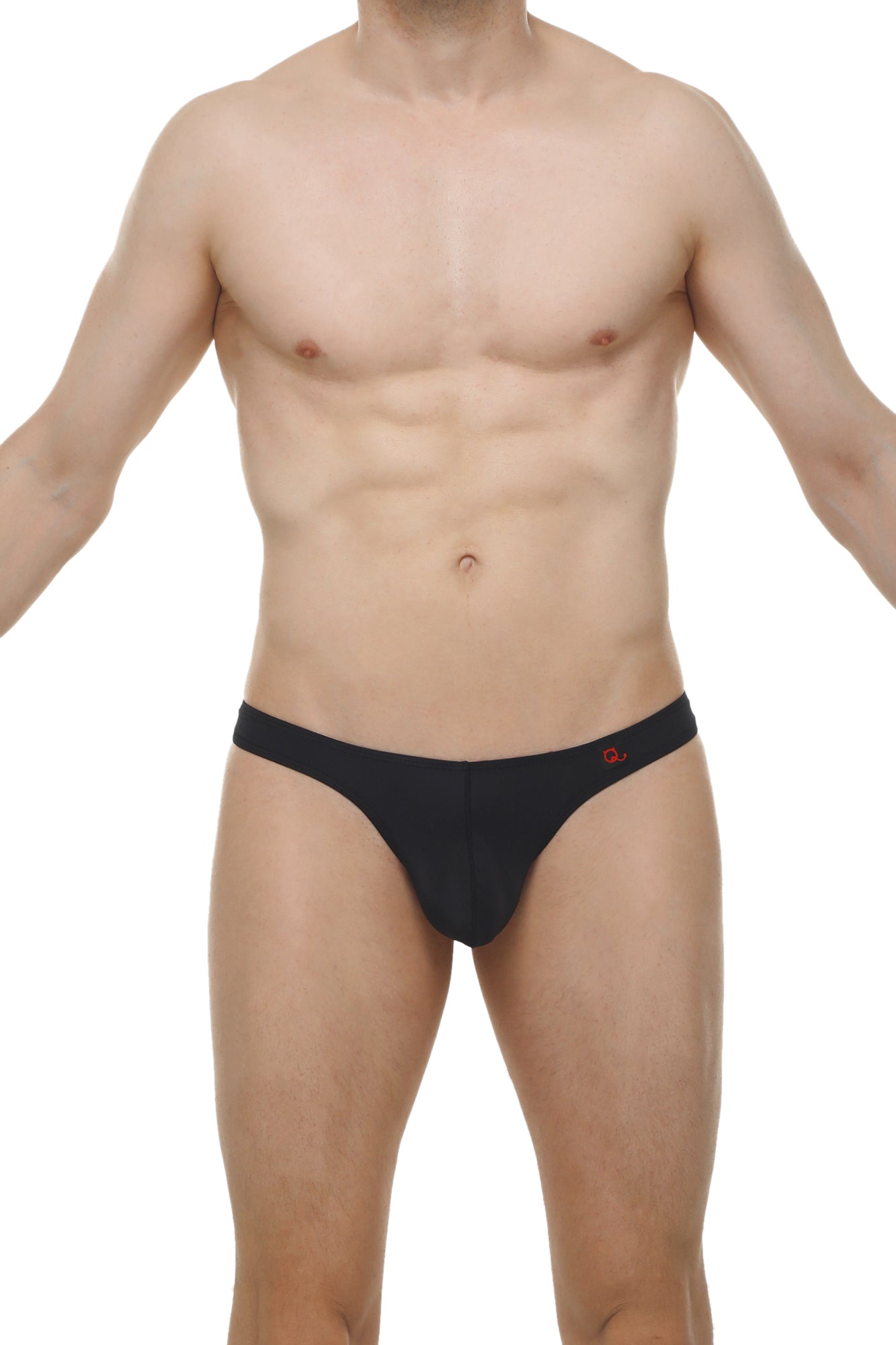 Black men’s briefs with a subtle red logo on the waistband from the thong lasso cockring plum black collection
