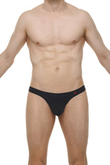 Black men’s briefs with a subtle red logo on the waistband from the thong lasso cockring plum black collection