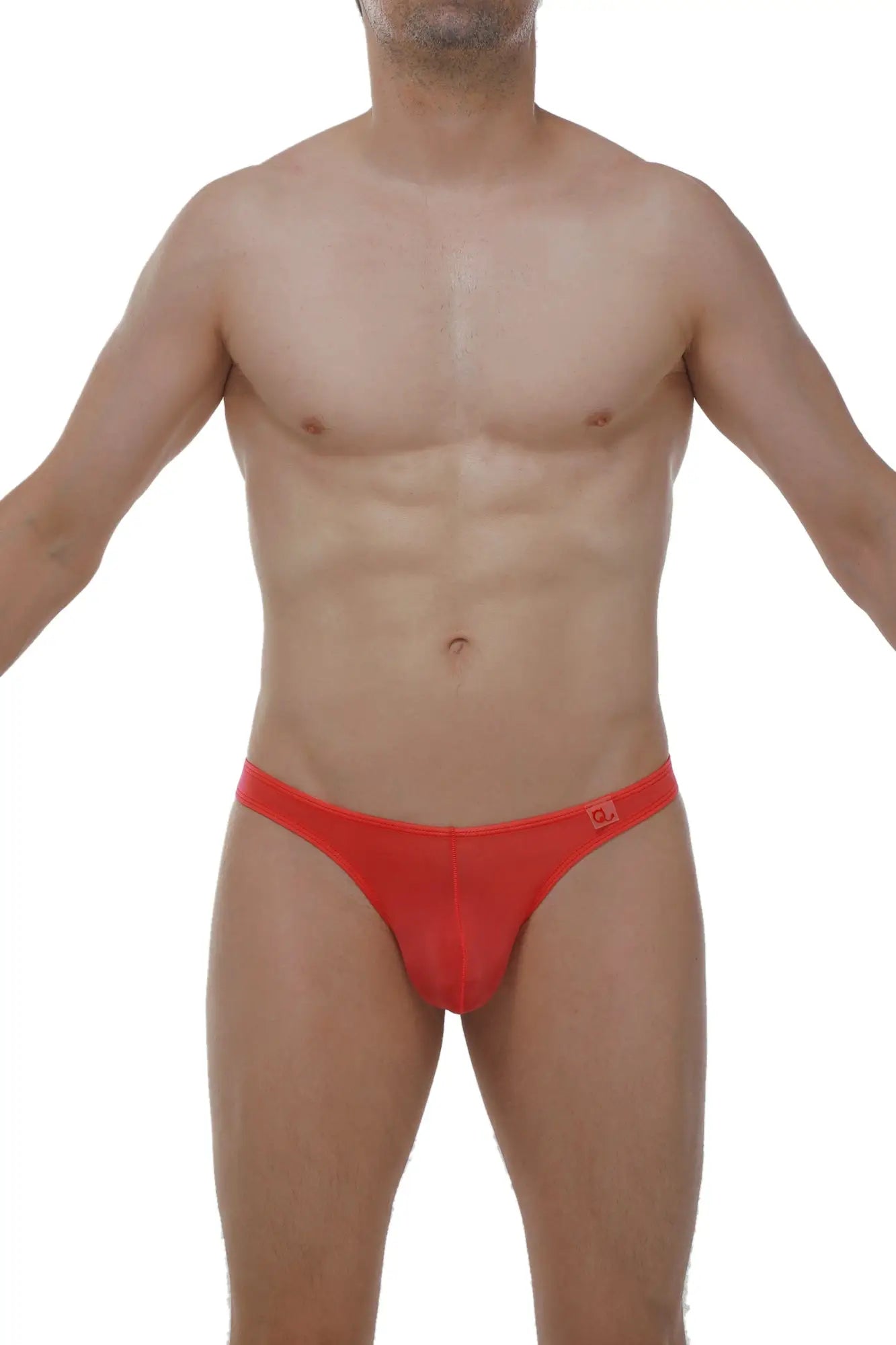 Red form-fitting men’s briefs with a subtle logo waistband featured in thong lasso cockring plum crimson design