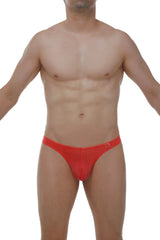 Red form-fitting men’s briefs with a subtle logo waistband featured in thong lasso cockring plum crimson design