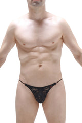 Black lace thong lolif with thin elastic waistband and small red logo on the side in black lace material