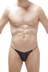 Black sheer mesh thong lolif net black with thin elastic waistband and small red logo on the front