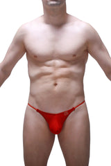 Red form-fitting thong net made of breathable material with a small square logo on the sideband visible from back view