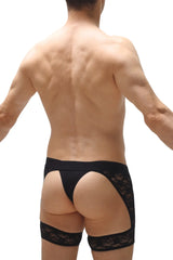 Black lace garter belt with sheer patterned design from thong maiserey lace black collection