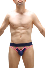 Navy blue and pink thong mano athletic briefs with cut-out design for comfortable active wear
