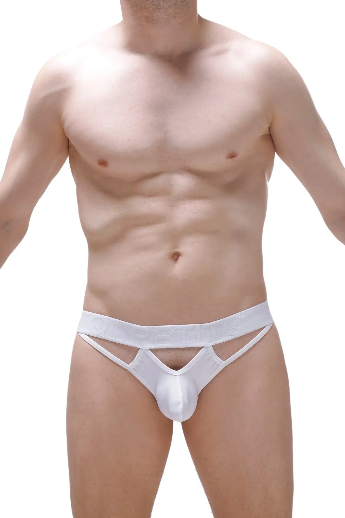 White sleek form-fitting men’s thong underwear with a distinctive cutout design in the front called thong mano white