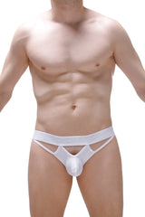 White sleek form-fitting men’s thong underwear with a distinctive cutout design in the front called thong mano white