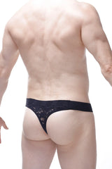 Black lace thong maulay with solid waistband showing delicate lace material and comfortable fit