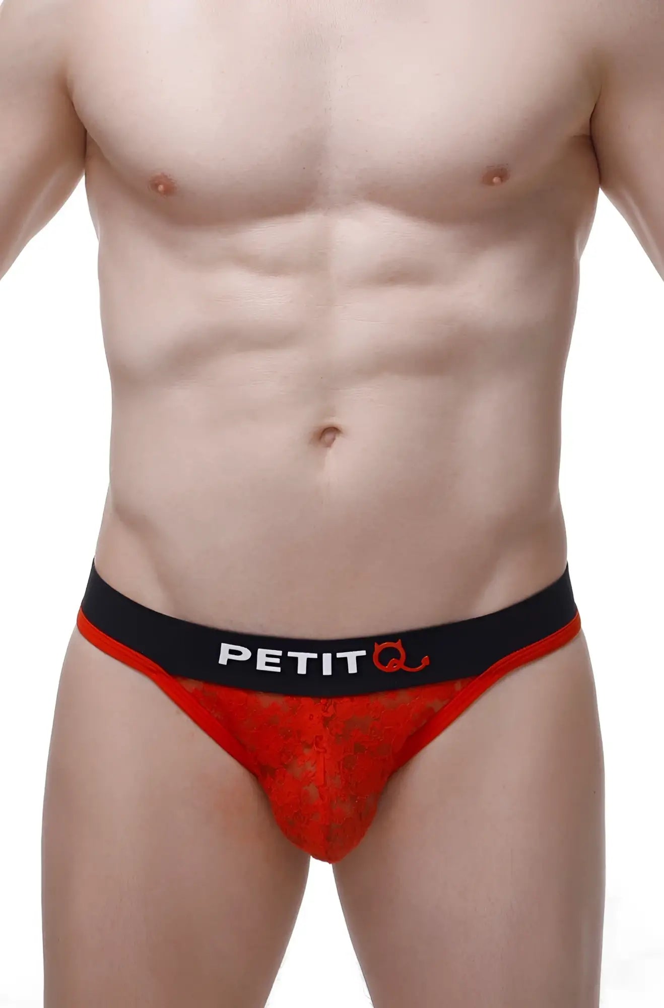 Red lace men’s briefs with black petitq logo waistband from thong maulay lace red collection front view