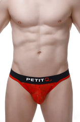Red lace men’s briefs with black petitq logo waistband from thong maulay lace red collection front view