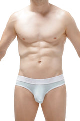 Light blue glossy men’s briefs with white elastic waistband designed as thong méditerranée plum teal style