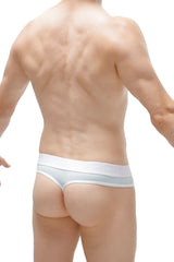 White cotton briefs with subtle gray trim shown from the back in thong méditerranée plum teal style
