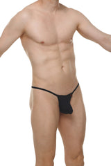 Black thong migny plum with thin smooth fabric waistband and snug fit shown from the back side