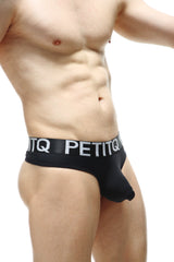 Black petitq thong briefs with white logo band made from recycled material shown from the front