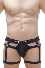 Black petitq men’s briefs with strappy harness style design thong midass black showing front view