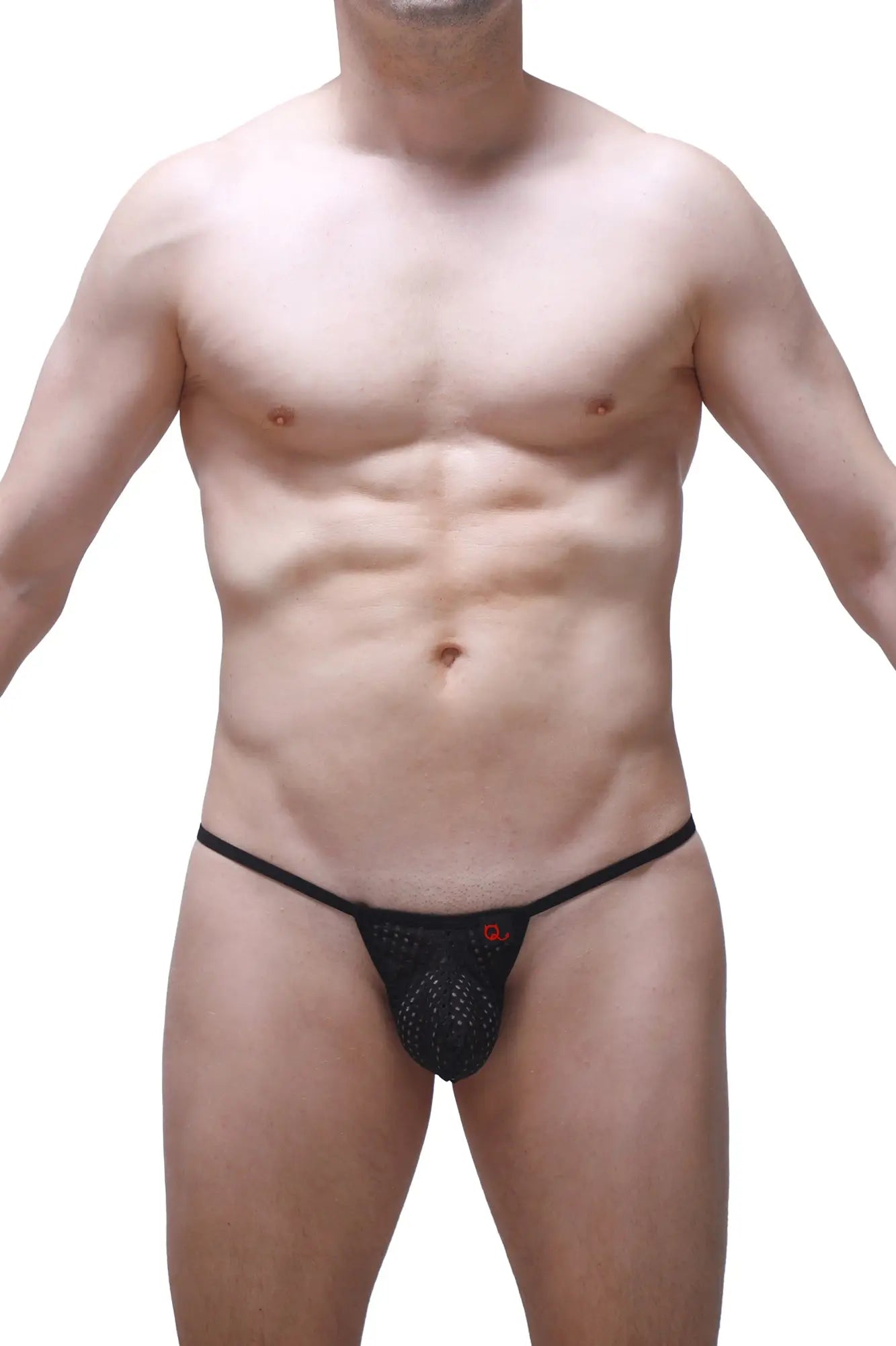 Black mesh thong migny durtol with a small red logo on the front made from breathable mesh material