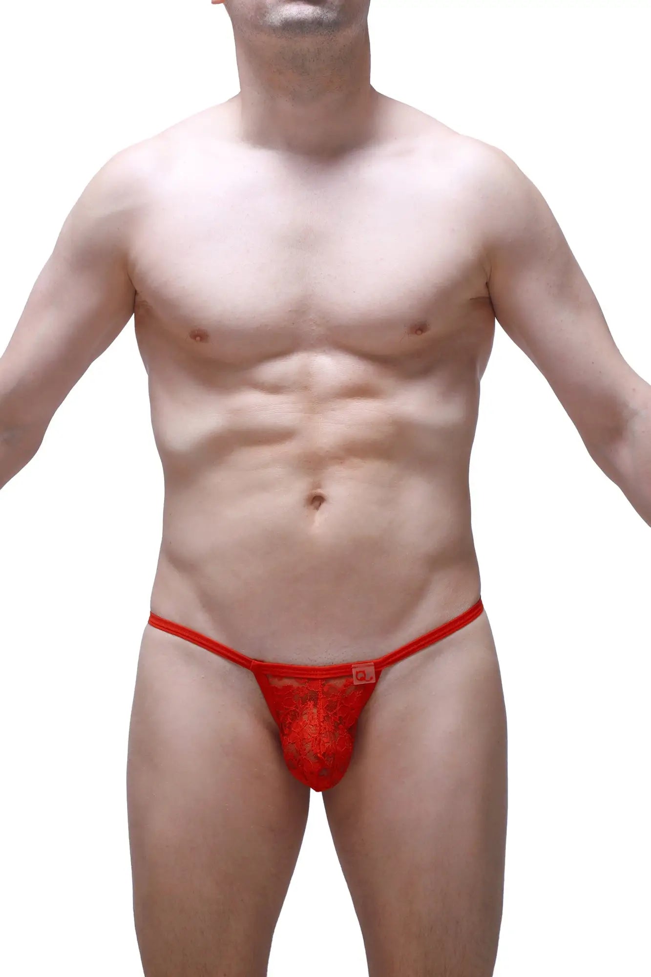 Red lace thong migny lace red with floral pattern and small square logo on waistband front view
