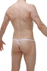 Back side of white thong migny marbre sky blue with thin elastic band and small blue logo
