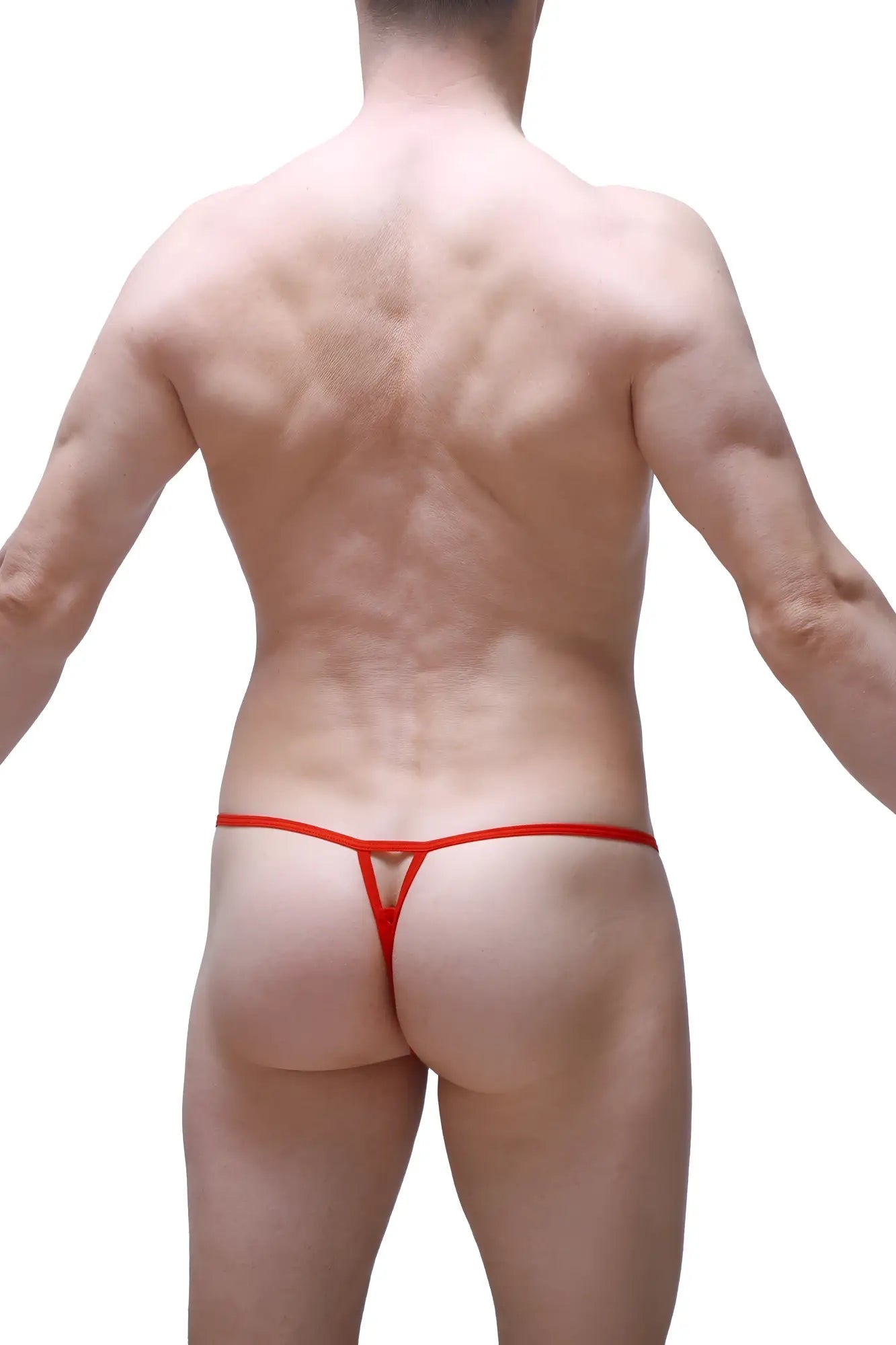 Red thong with triangular cutout design in plum red color showcasing the front side of thong migny plum red