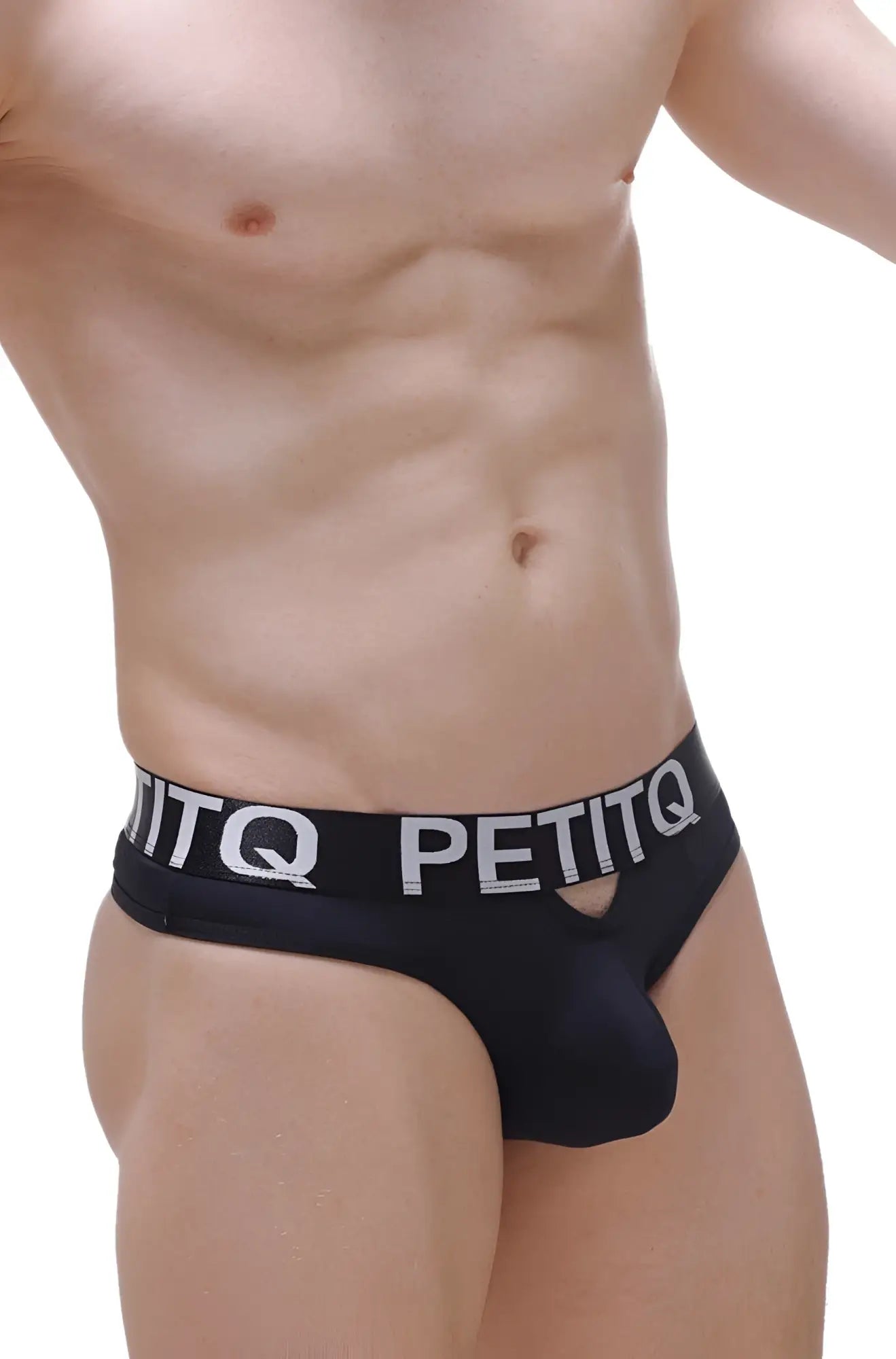 Black petitq men’s thong moree briefs with white logo band and cutout detail in front black fabric