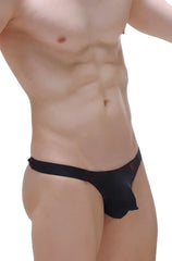 Black men’s briefs thong mothern black with red logo waistband showing front side in soft stretch fabric