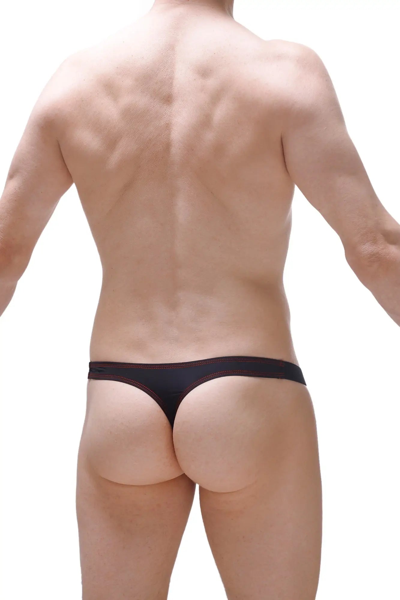 Black thong mothern with red stitching along the waistband showing the back side of the product