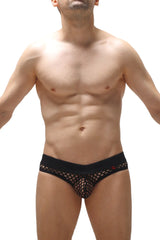 Thong nivac black mesh briefs with solid waistband and small red logo on the side in black mesh material