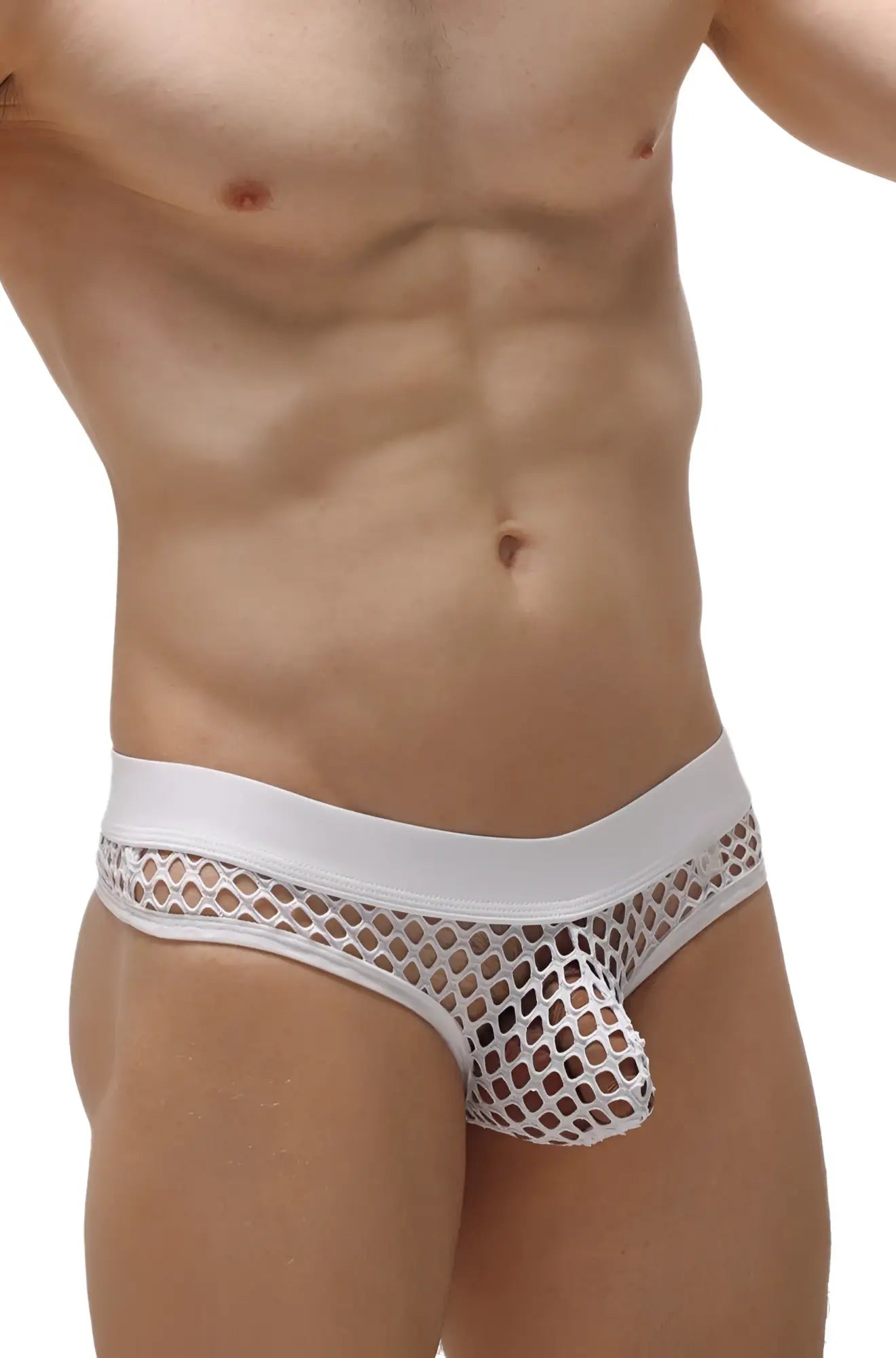 White mesh thong nivac briefs with solid white waistband for breathable comfortable wear
