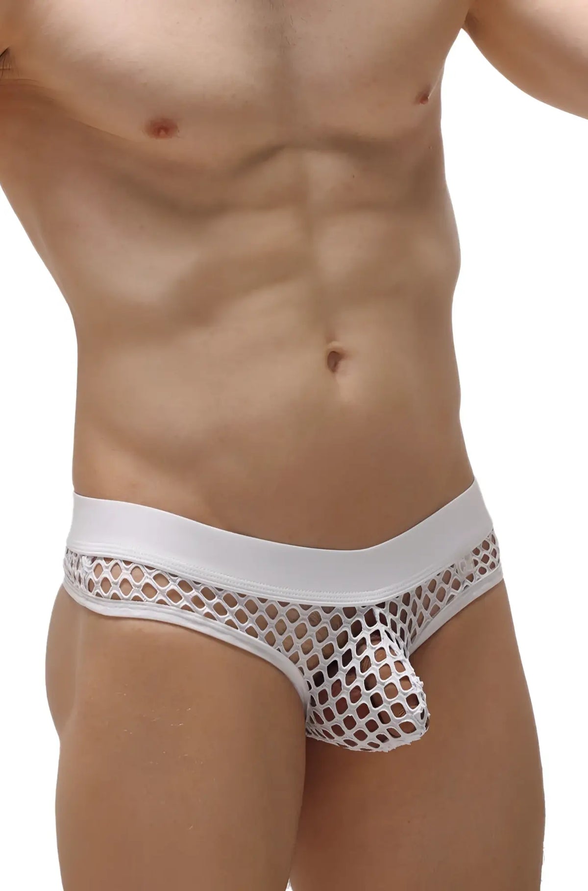 White mesh thong nivac briefs with solid white waistband for breathable comfortable wear