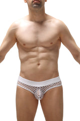 White mesh thong nivac with solid white waistband and circular perforations visible from the back side