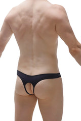 Black thong with open cutout design showing back side in sleek and minimal style for intimate wear