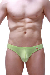 Lime green pensal bamboo men’s briefs with a small red logo on the waistband in apple green shade