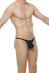 Black form-fitting thong plellis plum black with contoured design and subtle branding on the side back view