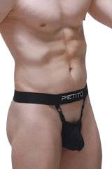 Black petitq thong pinces jockstrap with smooth elastic waistband and adjustable straps shown from the back