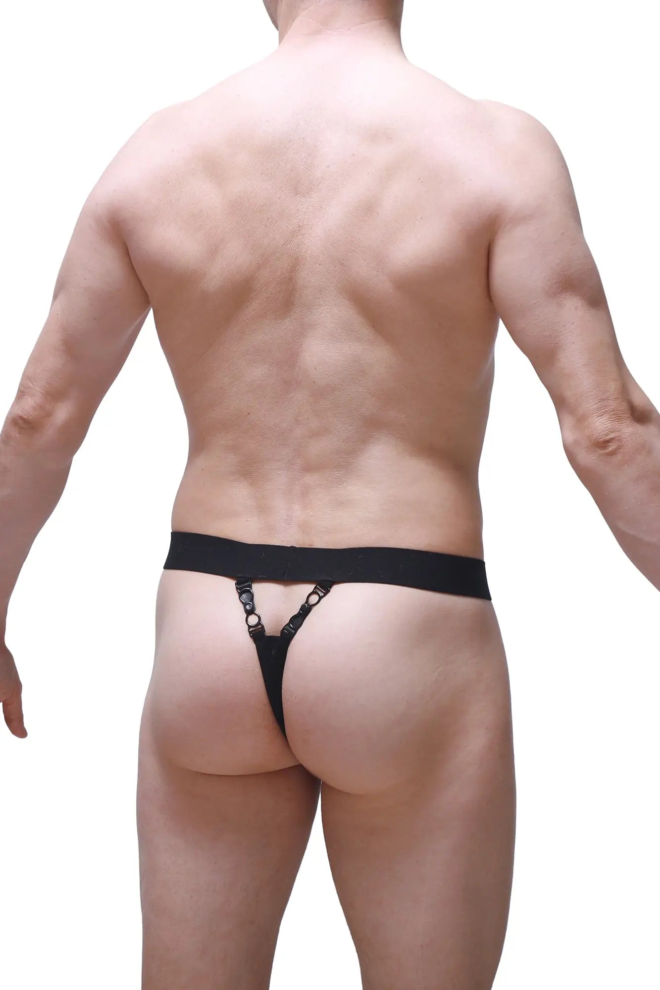 Black thong pinces with a wide waistband and adjustable straps shown from the back side