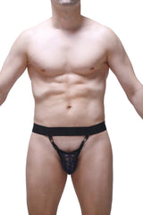 Black lace thong in navy with wide elastic waistband and decorative chain detailing from thong pinces lace navy collection