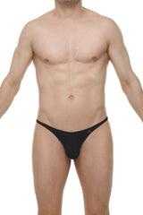 Black thong plellis skine with a small red logo on the waistband showing the back side of the product