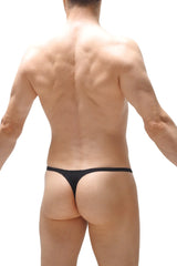 Black thong Plellis with narrow waistband and minimal coverage designed for comfortable everyday wear
